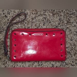 Coach Red Studded Patent Leather Zip-Around Wristlet